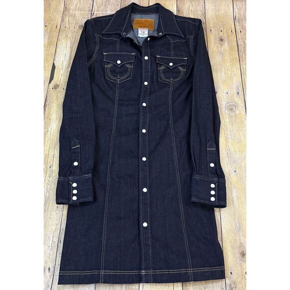 True Religion Denim Dress Pearl Snap Dark Wash Size XS Extra Small - Picture 1 of 9